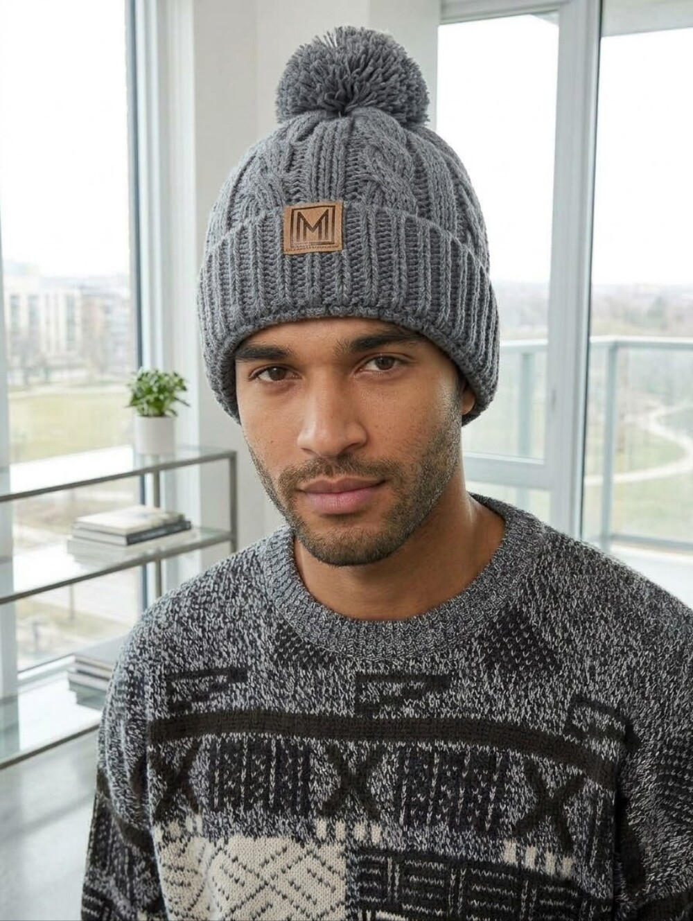 Men's Grey Cable-Knit Pom Crewneck Beanie with 'M' Patch